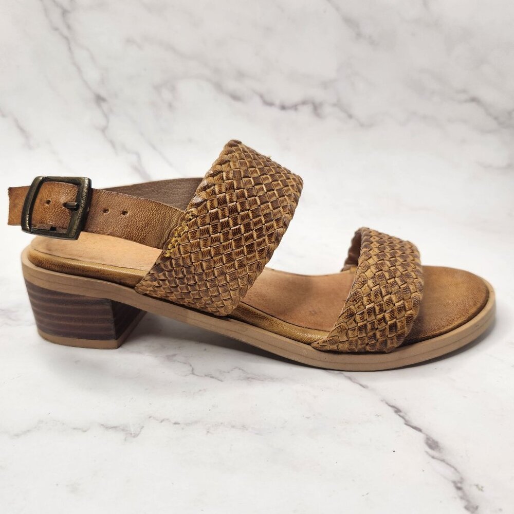 Seychelles Tan Brown Braided Leather Sandals Block Heels Women's 6.5